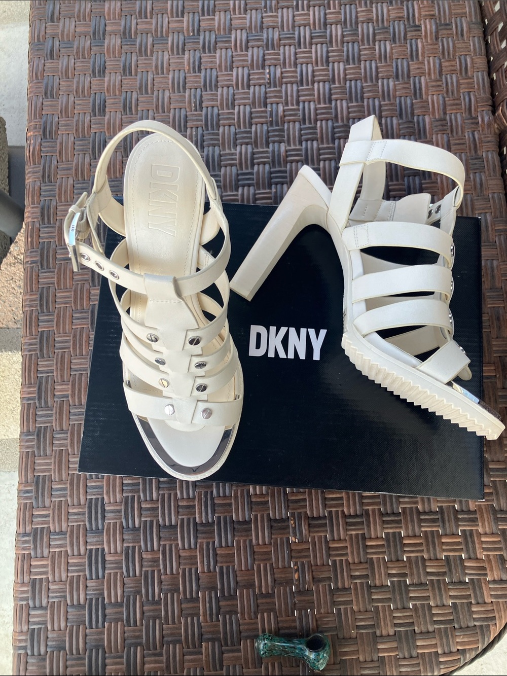 DKNY Ivory Multi-Strap Studded Block Heel Sandals